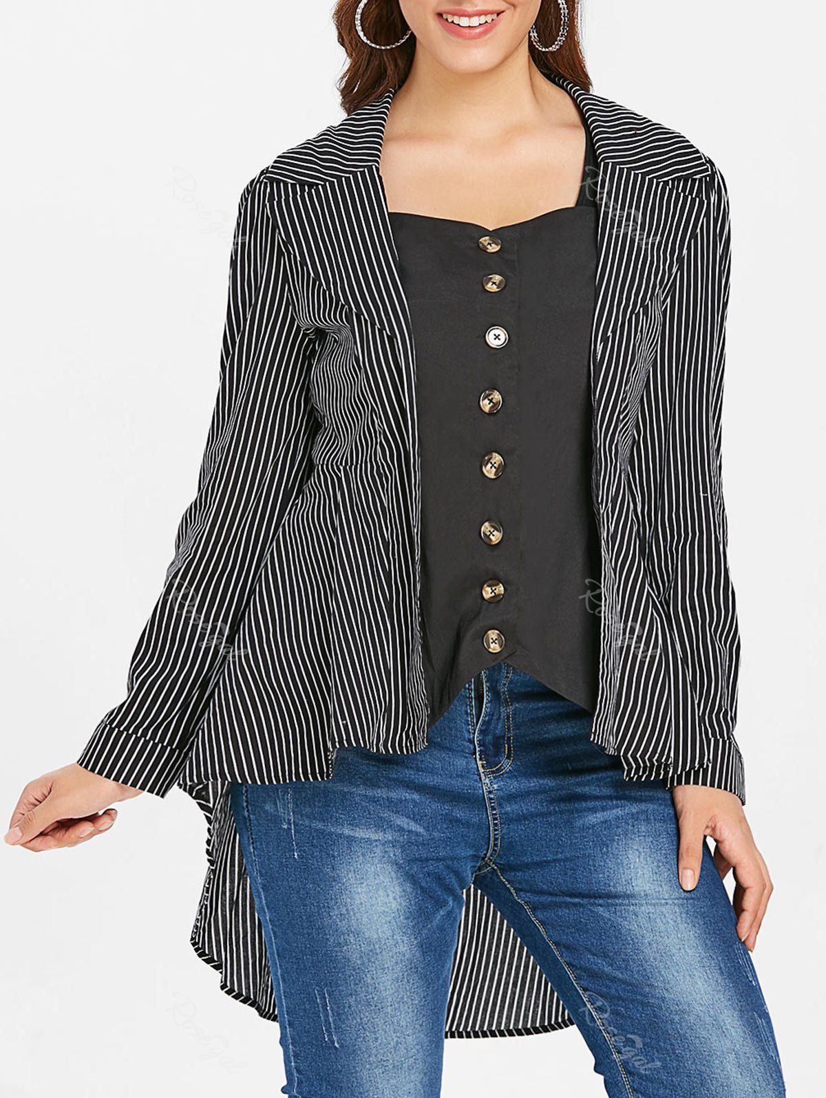 

Plus Size High Low Button Up Stripe Shirt, Black