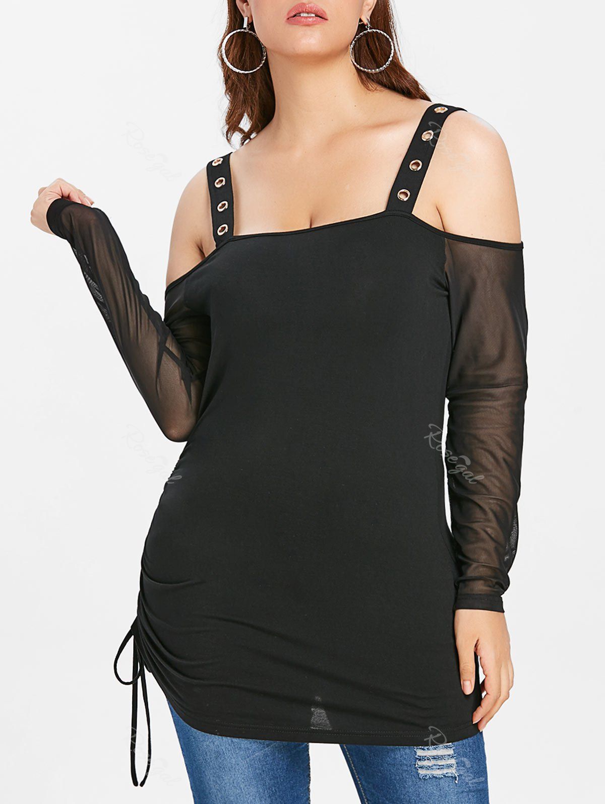 

Grommet Embellished Plus Size Square Neck T-shirt, Black