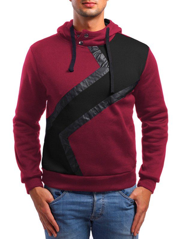 

Faux Leather Patchwork Casual Hoodie, Firebrick