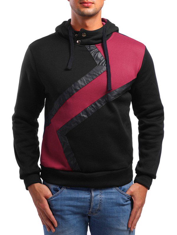 

Faux Leather Patchwork Casual Hoodie, Black