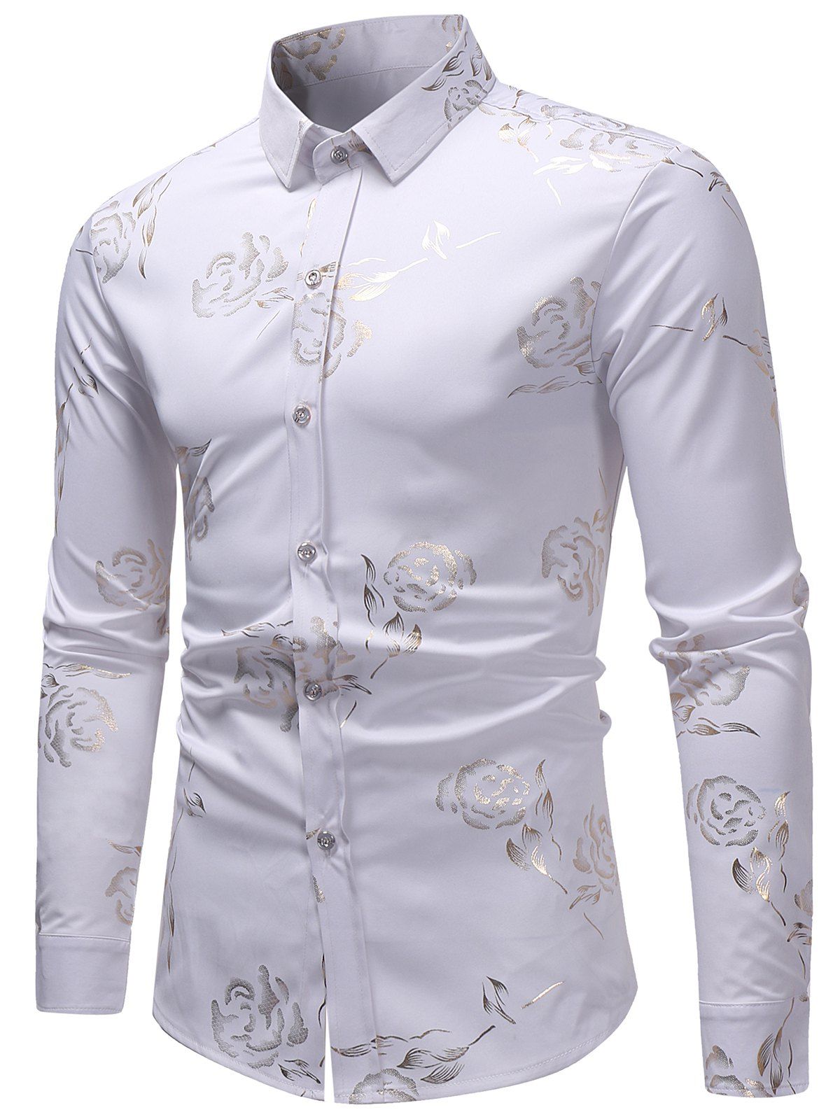 

Turn Down Collar Metallic Color Peony Pattern Print Shirt, White