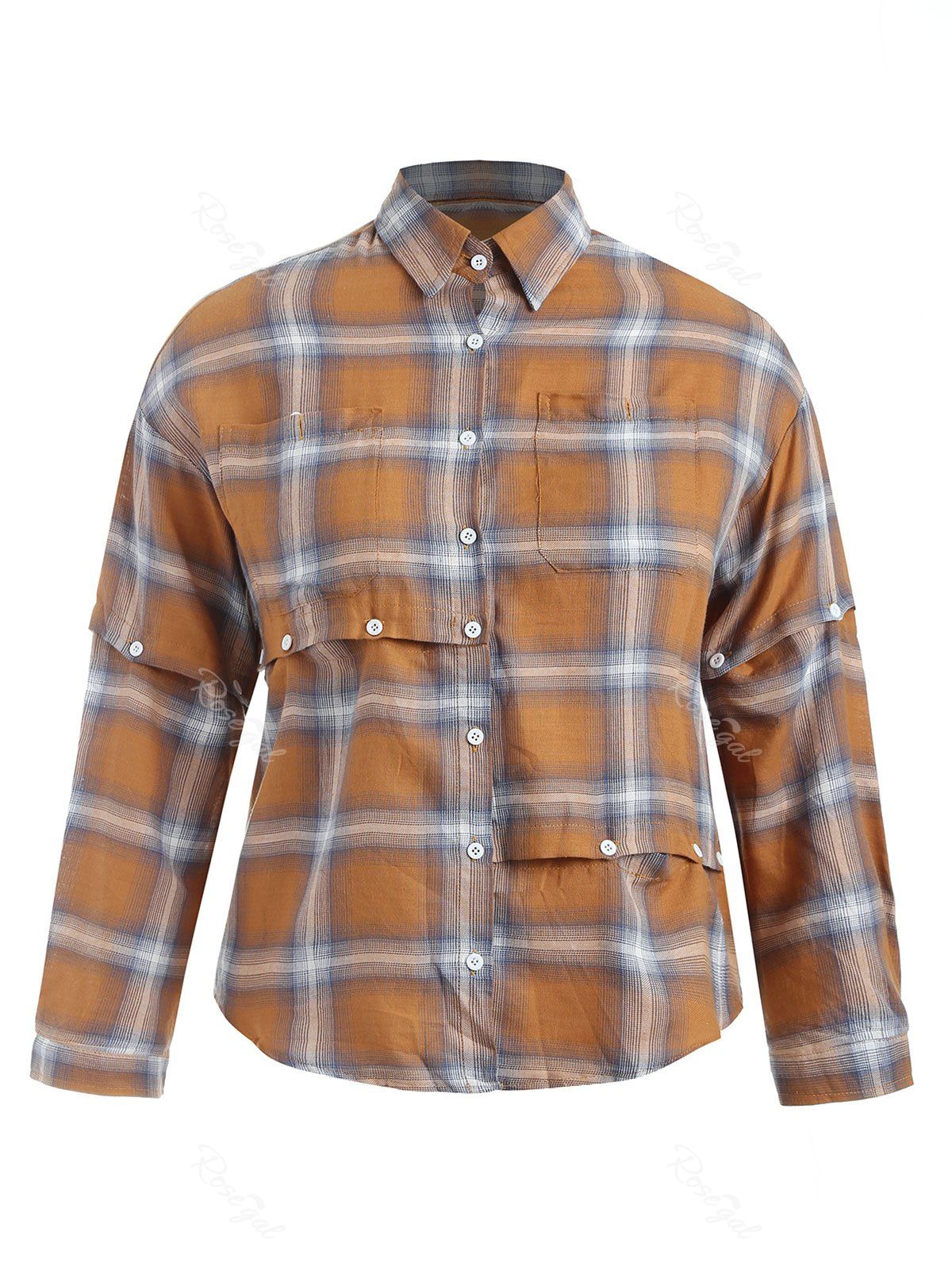 

Plus Size Asymmetrical Plaid Shirt, Camel brown