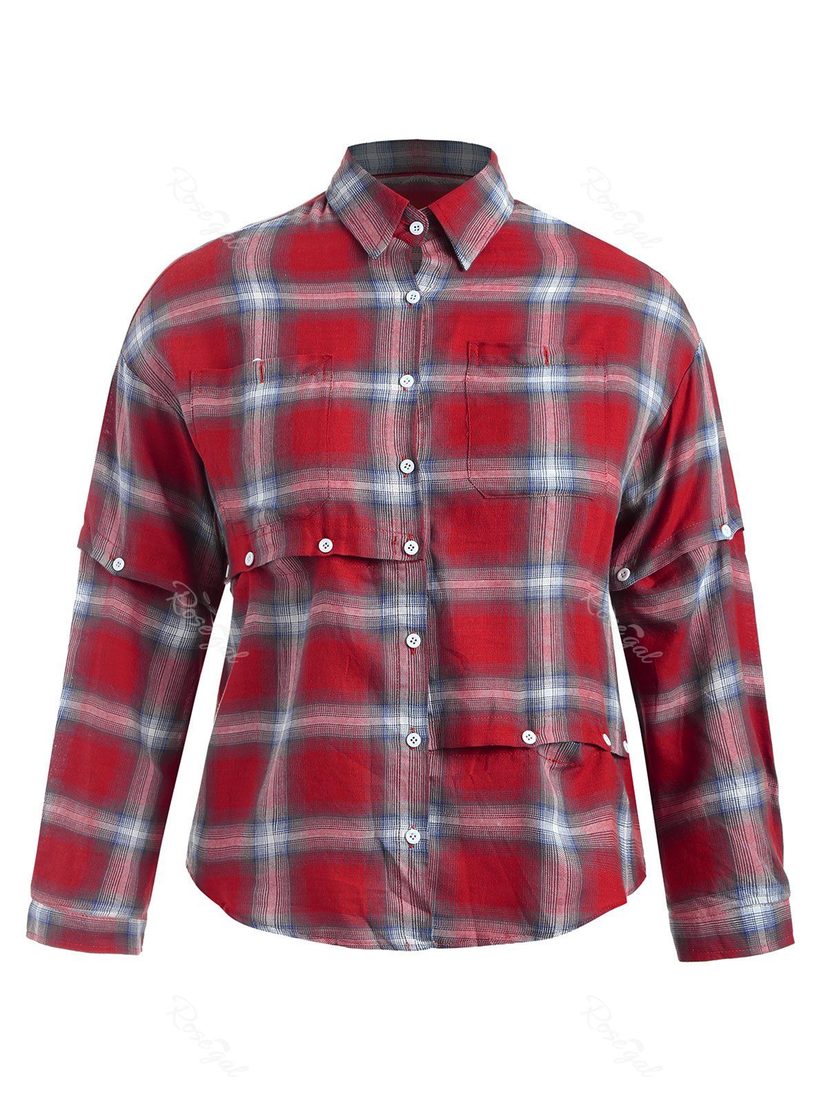 

Plus Size Asymmetrical Plaid Shirt, Red wine