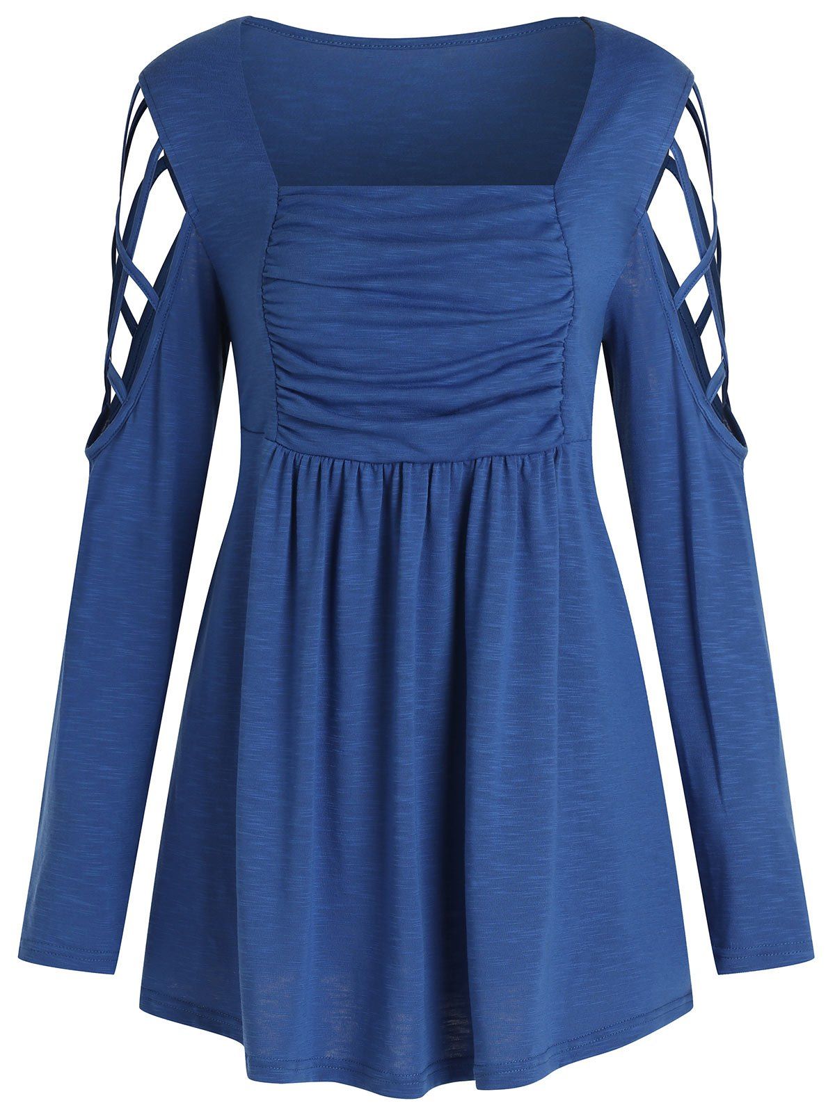 

Plus Size Square Neck Strappy Cut Out Long Sleeves Ruched Tee, Silk blue