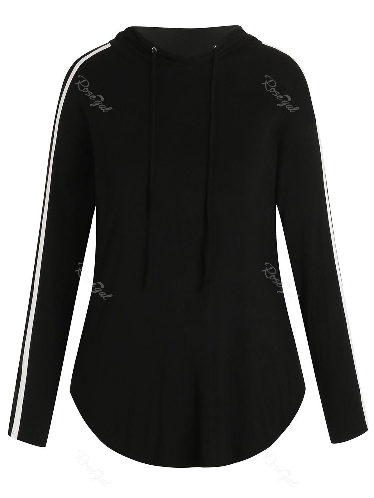 

Plus Size Stripe Trim Hooded Long Sleeves Tee, Black