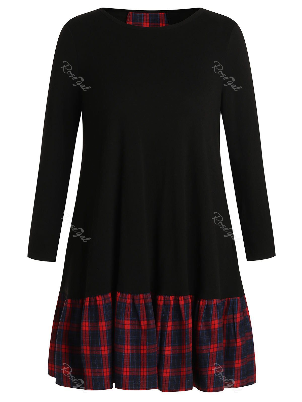 

Plus Size Long Sleeves Tartan Spliced Drop Waist Dress, Black