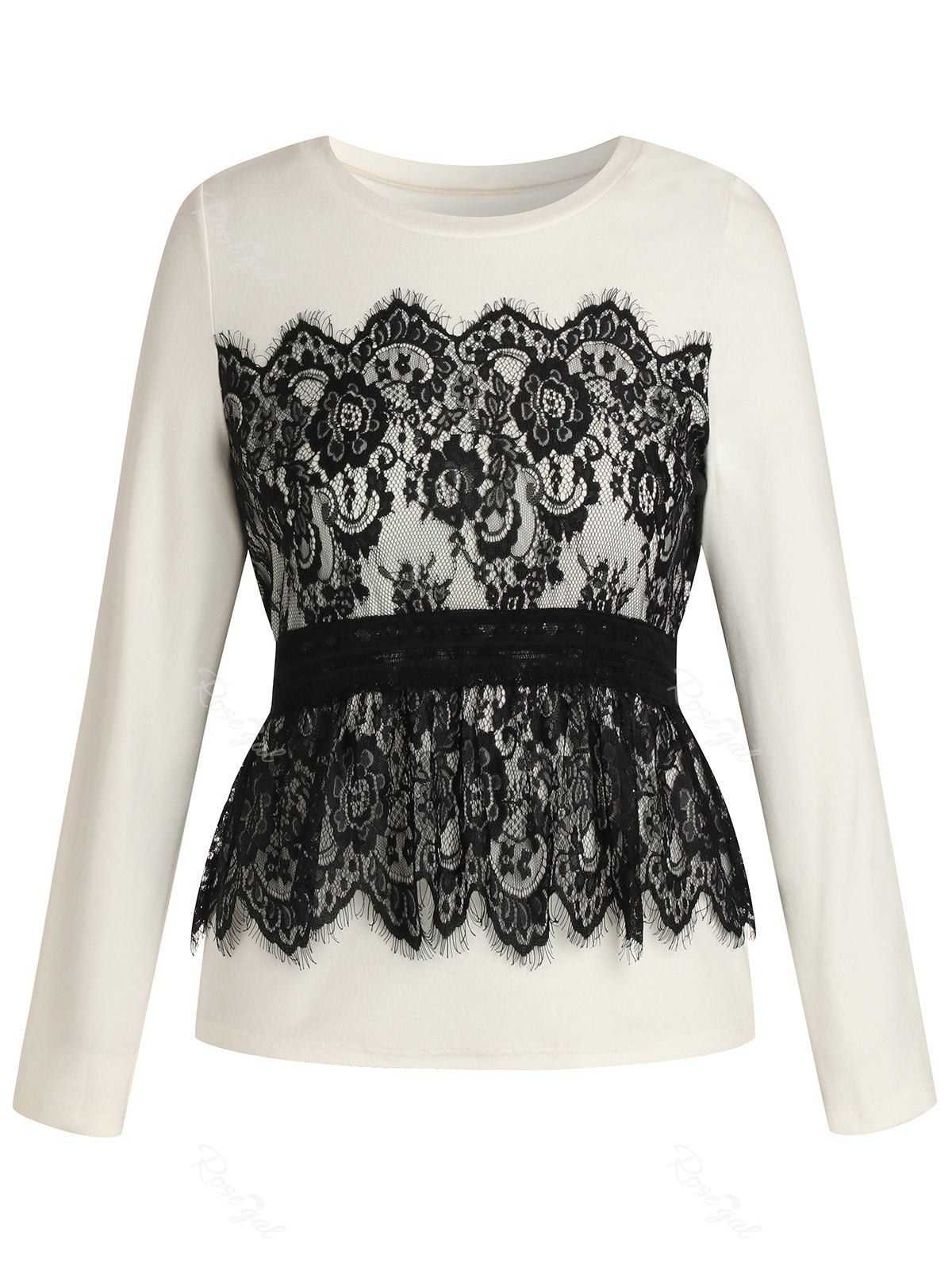

Plus Size Long Sleeves Overlay Lace Tee, White