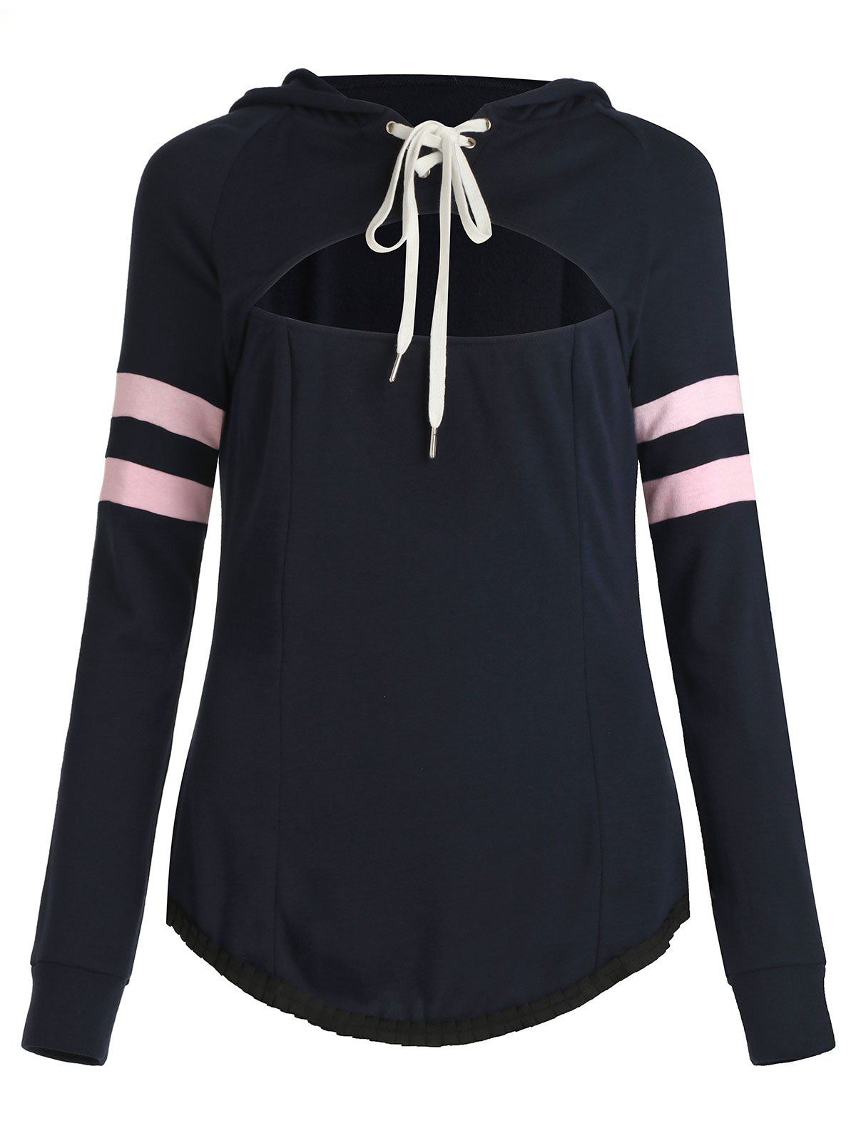 

Cut Out Lace Up Stripe Sleeves Hooded Sweatshirt, Deep blue