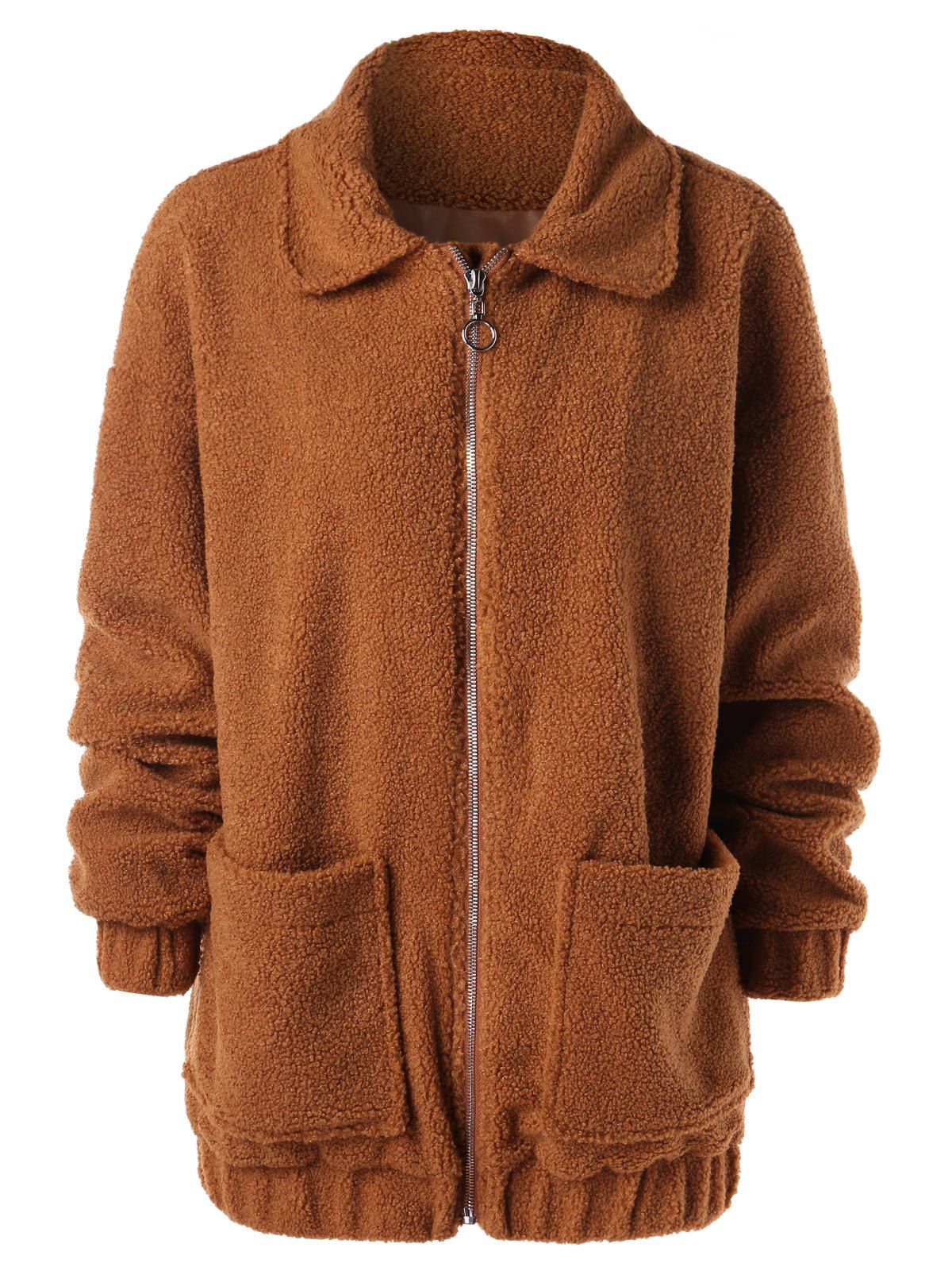 

Elastic Brim Zip Up Faux Fur Coat, Brown
