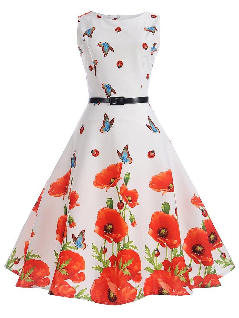 

Retro Floral Print Belted Pin Up Dress, White