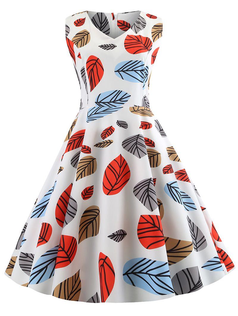 

Vintage Leaves Print Pin Up Dress, White