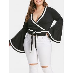 

Plus Size Stripe Trim Flare Sleeve Wrap Blouse, Black