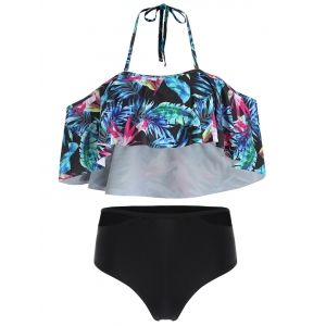 

Halter Palm Print High Waist Bikini Set, White