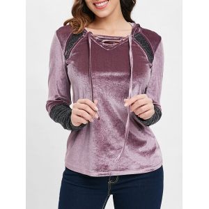 

Criss Cross Collar Velvet Hooded T-shirt, Viola purple