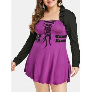 

Plus Size Halloween Lace Up Color Block T-shirt, Heliotrope purple
