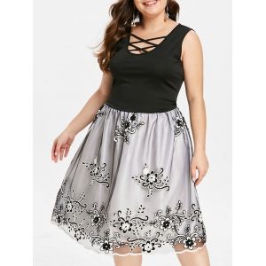 

Plus Size Vintage Mesh Overlay Embroidery Dress, Black