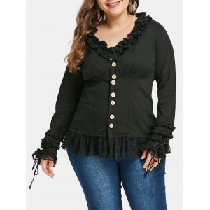 

Plus Size Ruffled Buttons Lace Panel Jacket, Black