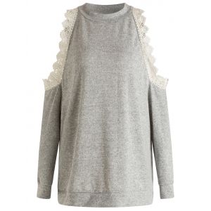 

Plus Size Lace Splicing Cold Shoulder Sweatshirt, Gray