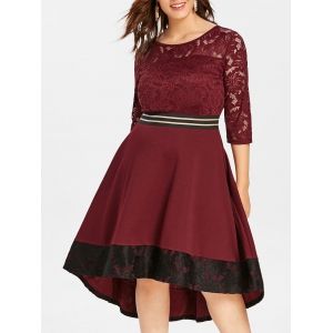 Plus Size High Low Lace Insert Dress, Red wine