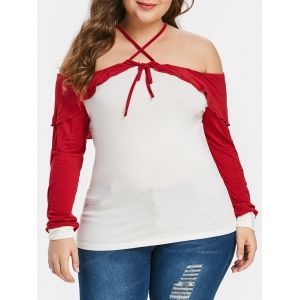 

Plus Size Long Sleeve Criss Cross Two Tone Top, White