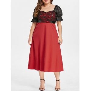 

Plus Size Lace Insert Flare Sleeve Dress, Red