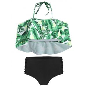 

Halter Tropical Print Cut Out High Waist Bikini Set, Clover green