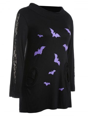 

Plus Size Halloween Lace Insert Cowl Neck T-shirt, Black