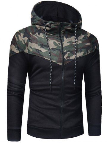 

Camouflage Spliced Zip Fly Hoodie, Green