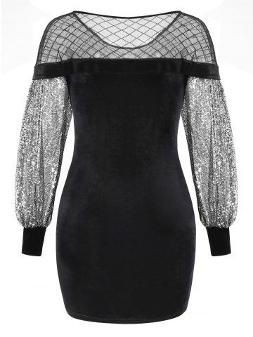 

Plus Size Mesh Panel Sequins Bodycon Dress, Black