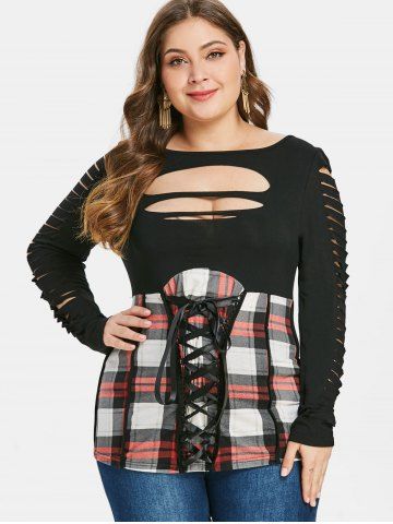 

Ladder Cut Out Plus Size Plaid T-shirt, Black