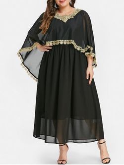 Plus Size Contrast Lace Maxi Capelet Dress - BLACK - L