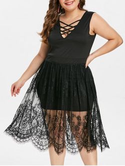 Criss Cross Plus Size Lace Panel Fit and Flare Dress - BLACK - L