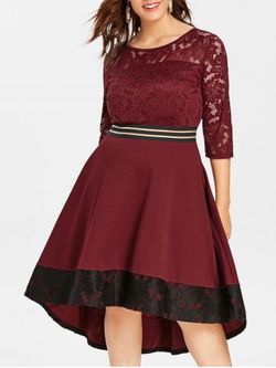 Plus Size High Low Lace Insert Dress - RED WINE - 1X