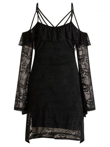 Strappy Cold Shoulder Lace Dress - BLACK - L