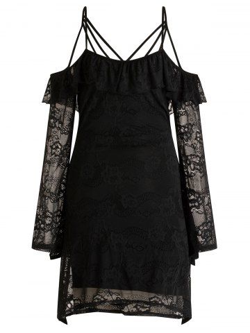 Strappy Cold Shoulder Lace Dress - BLACK - 2XL
