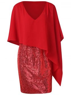 V Neck Sequins Splicing Popover Dress - RED - M
