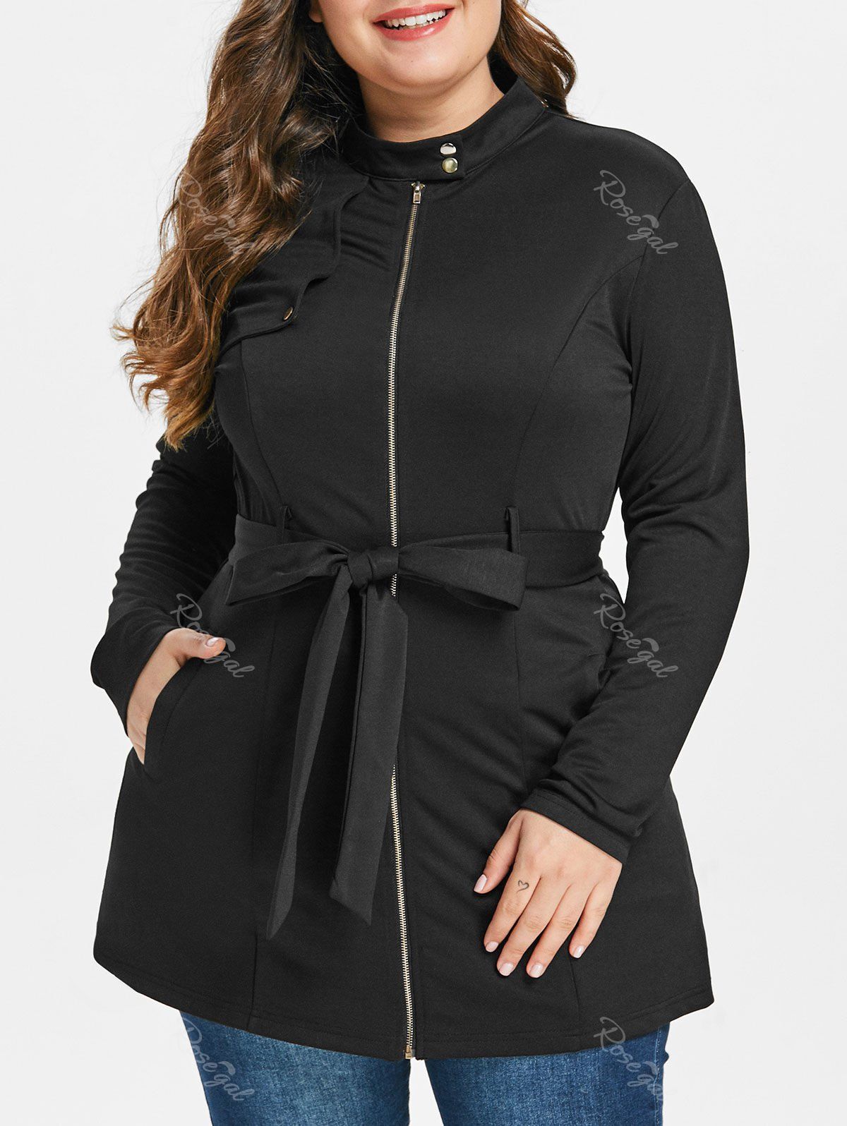 

Plus Size Zipped Belted Coat, Black