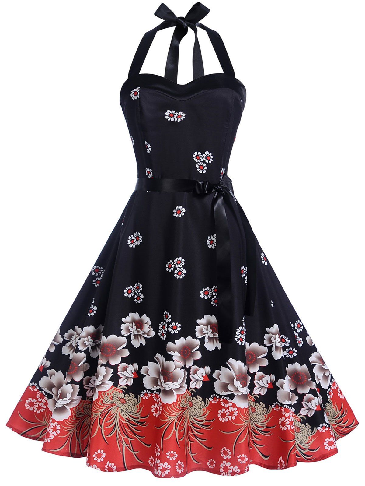 

Retro Halter Floral Swing Dress, Black