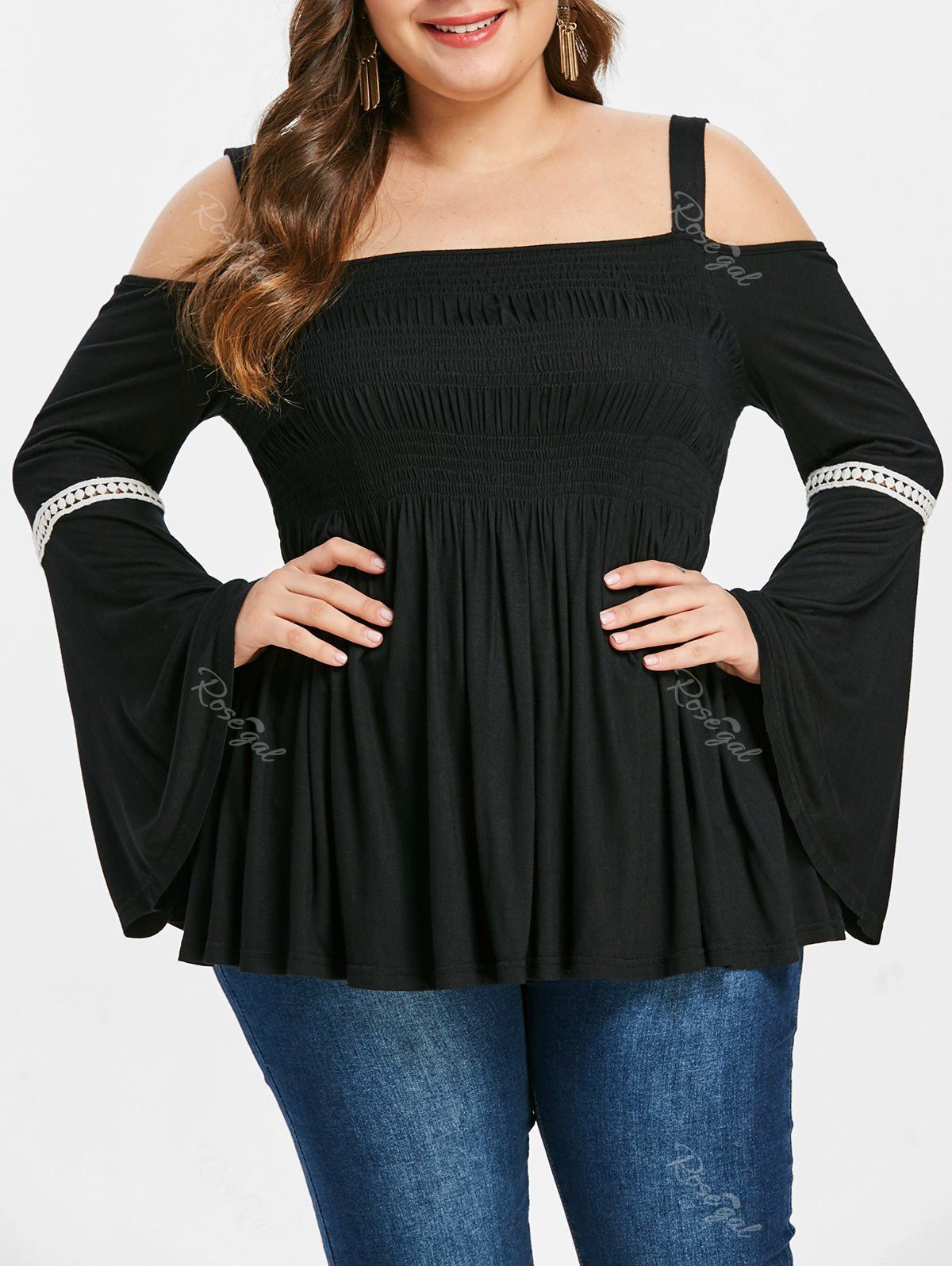 

Plus Size Smocked Cold Shoulder Blouse, Black