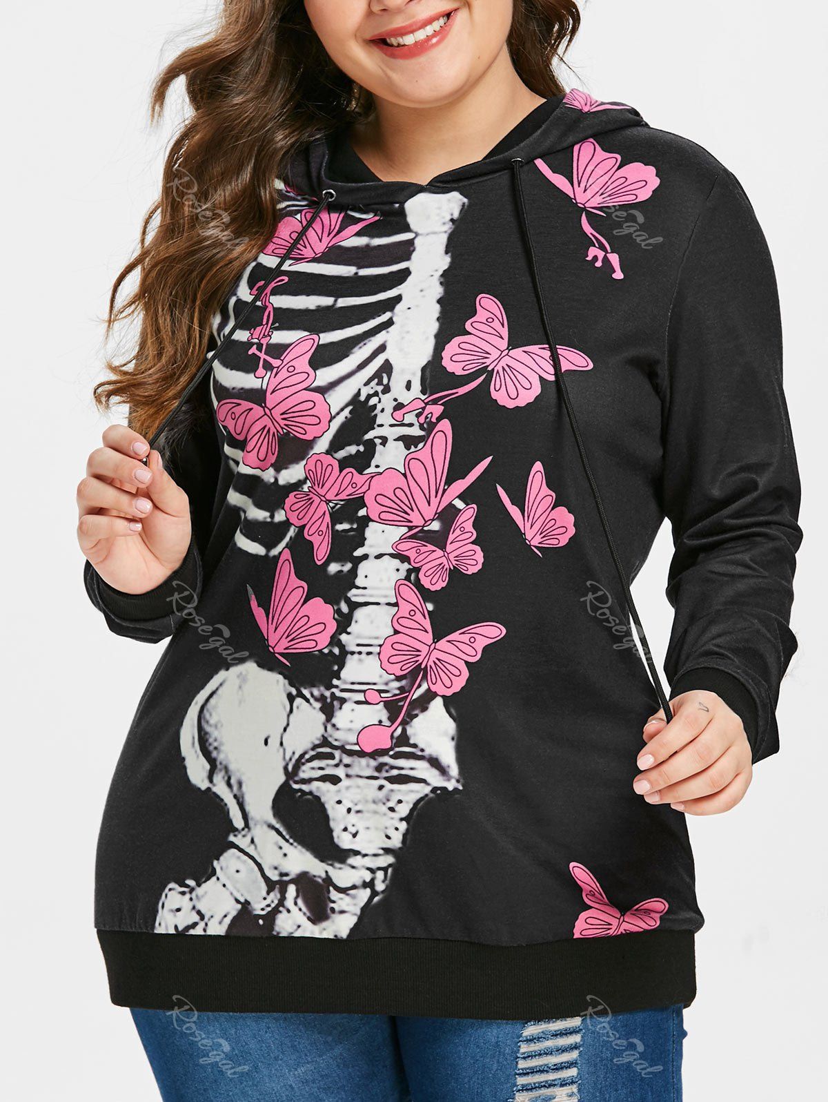 Affordable Skull Bone and Butterfly Print Plus Size Halloween Hoodie  