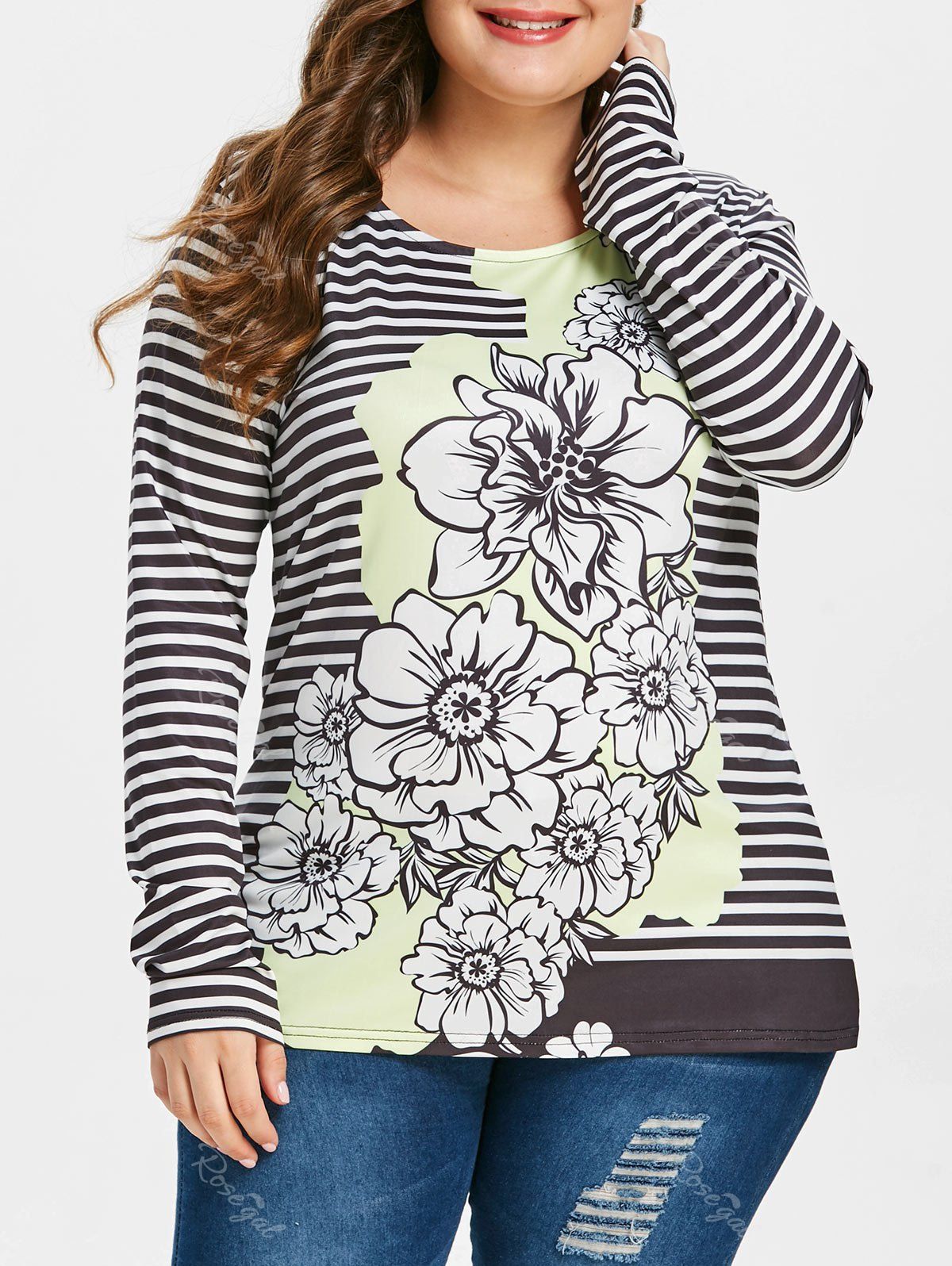 

Plus Size Striped Floral T-shirt, Multi