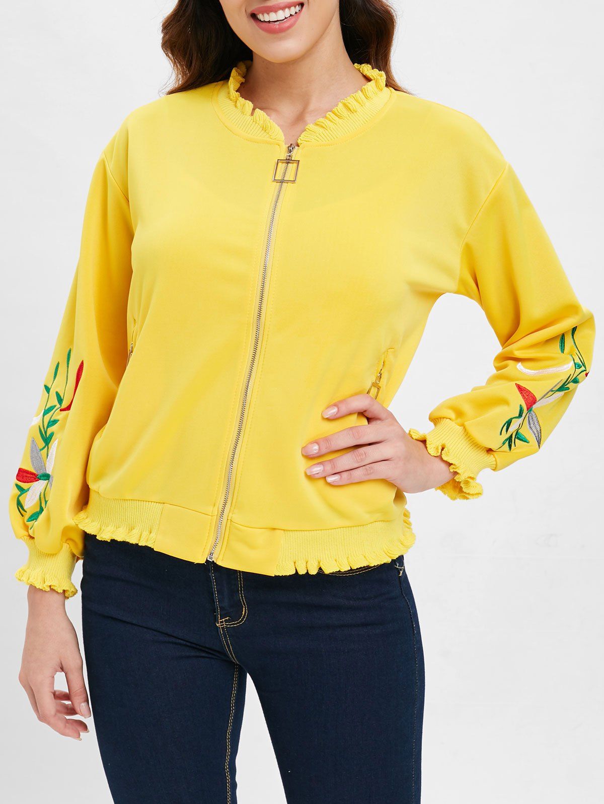 

Floral Embroidered Ruffles Zipper Fly Jacket, Yellow