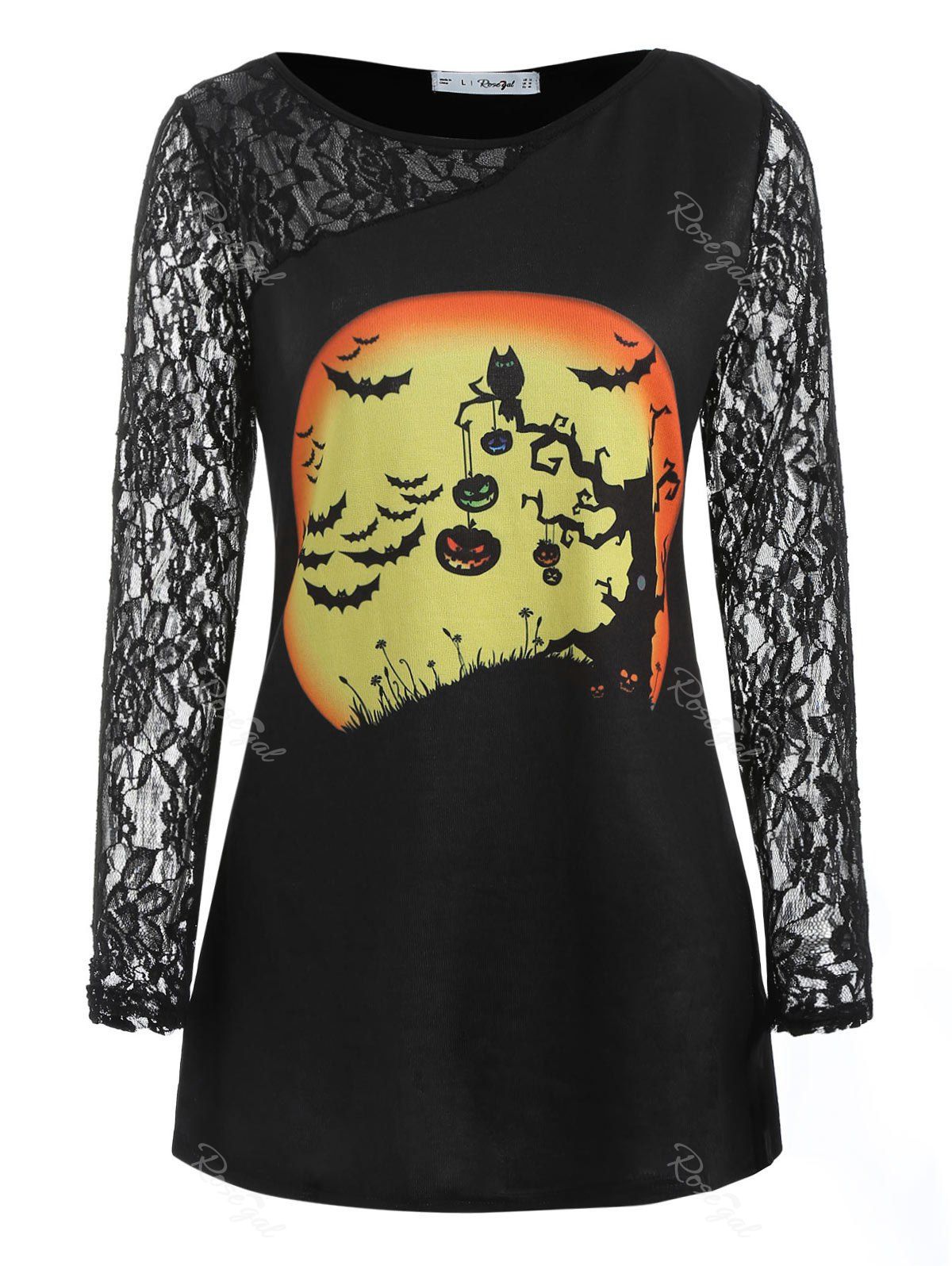 

Plus Size Graphic Lace Trim Halloween T-shirt, Black