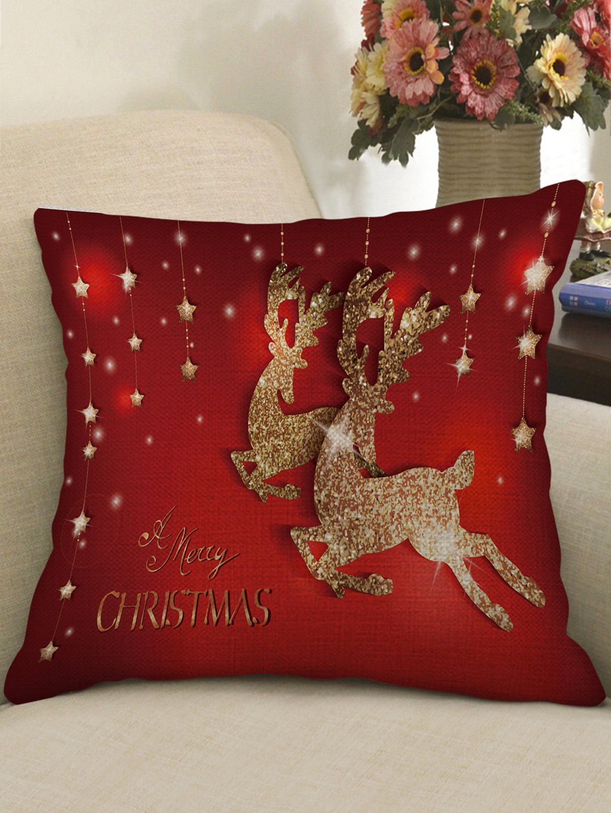 

Christmas Elk Star Print Decorative Sofa Linen Pillowcase, Red