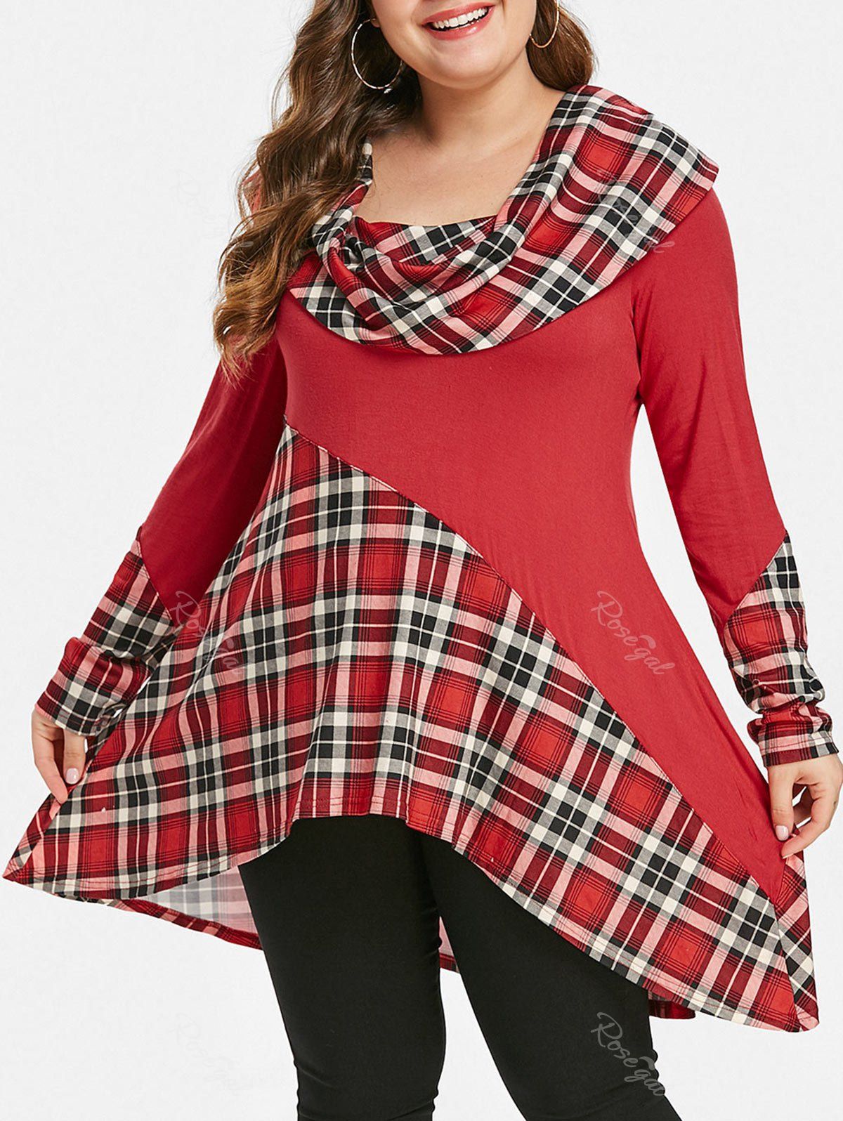 

Plus Size Skew Neck Overlay Tartan Asymmetrical T-shirt, Red