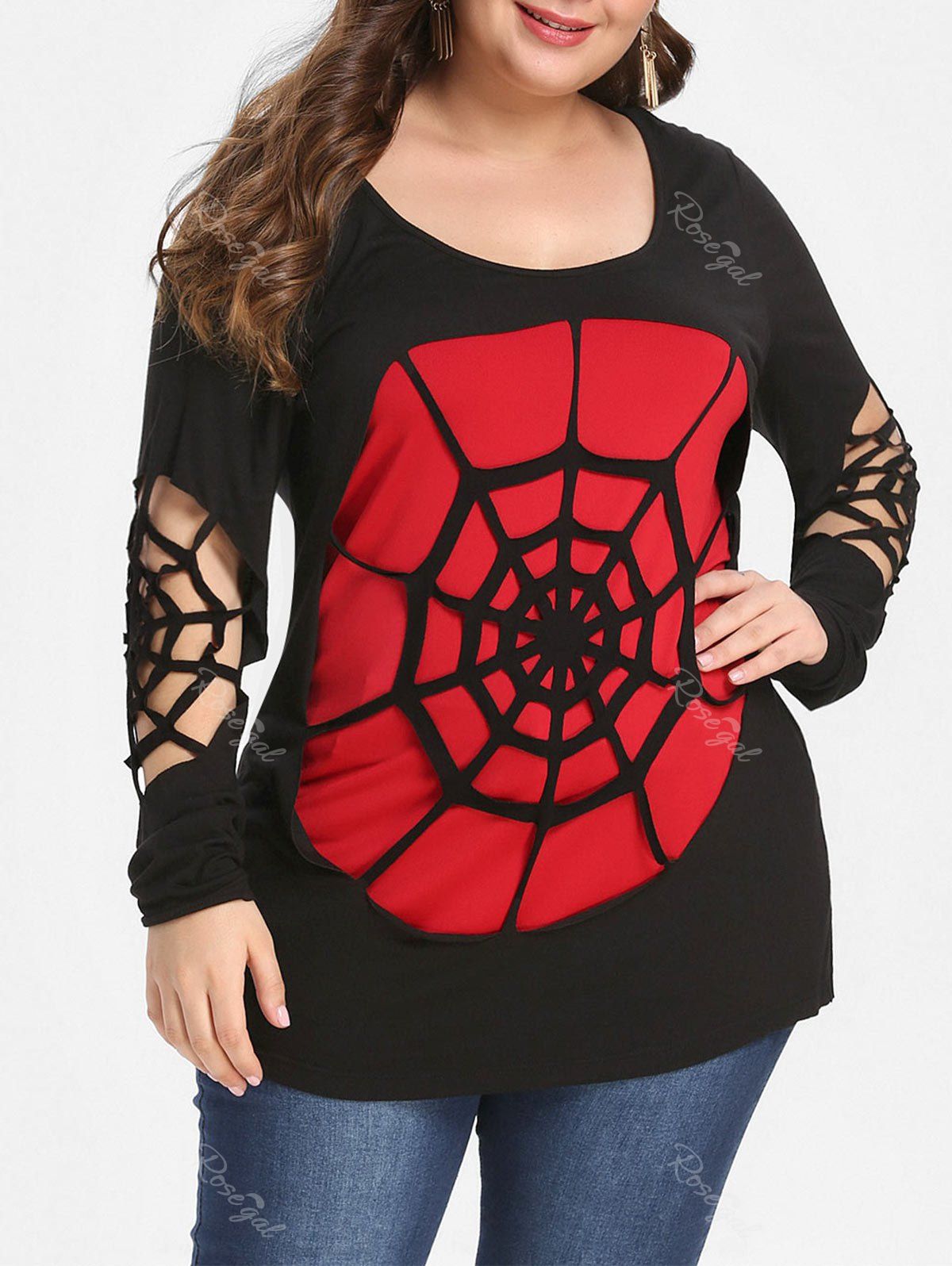 

Plus Size Halloween Openwork Spider Web T-shirt, Black