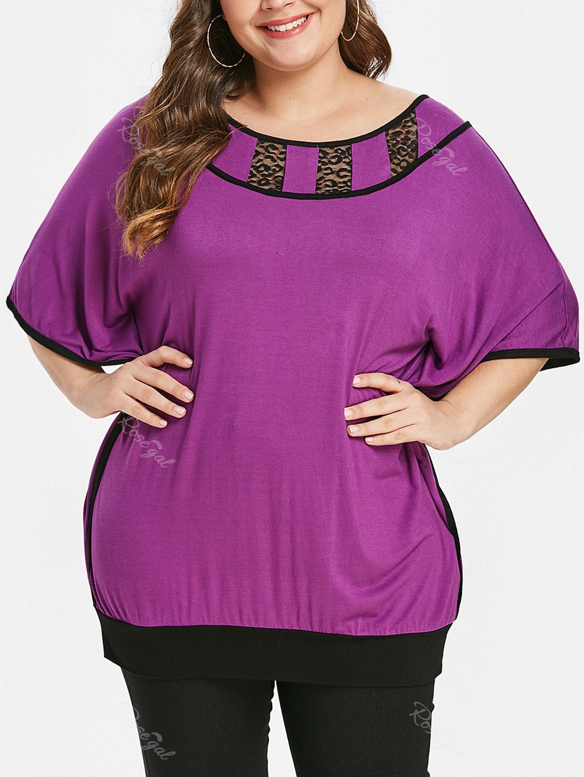 

Plus Size Floral Lace Butterfly Sleeve T-shirt, Violet