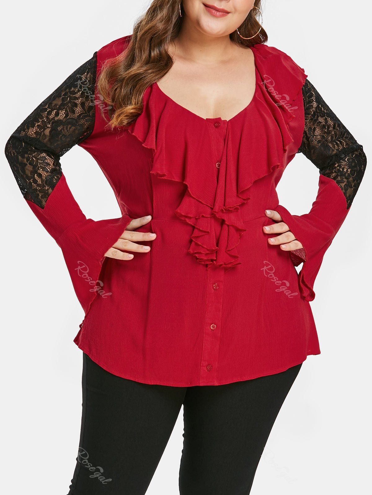 

Lace Panel Plus Size Ruffle T-shirt, Red