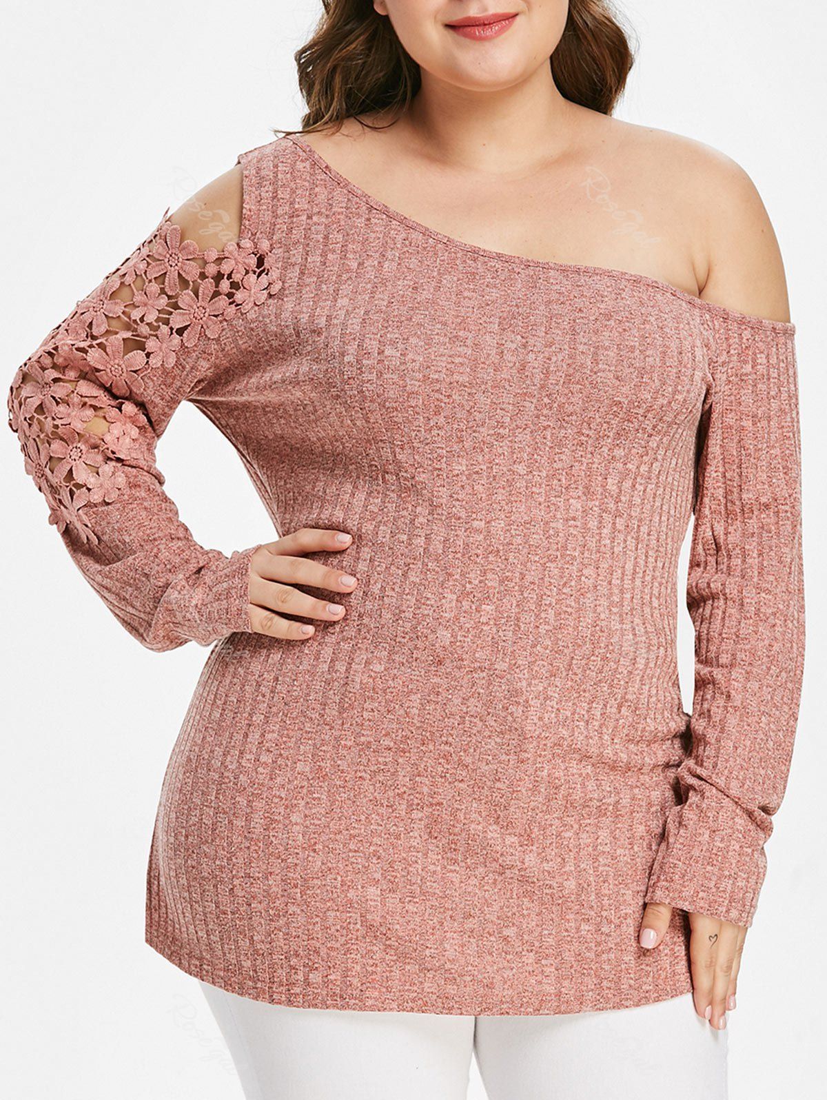 

Skew Neck Plus Size Lace Applique T-shirt, Rose