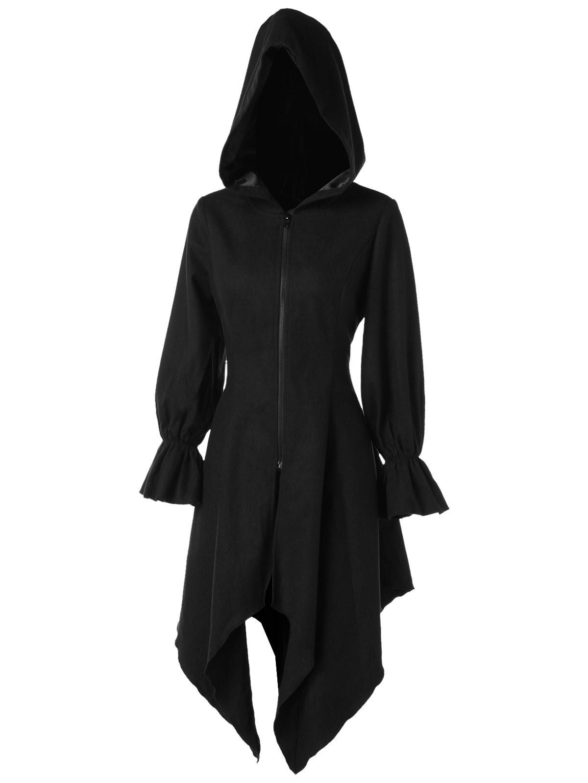 

Flare Sleeve Zipper Asymmetrical Gothic Hooded Coat, Black